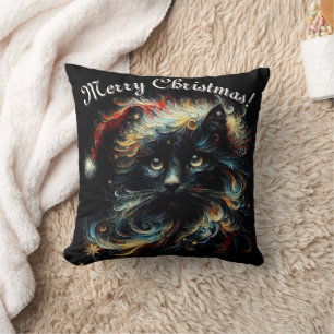 Whimsical Black Cat Santa Christmas Hat Seasonal Cushion