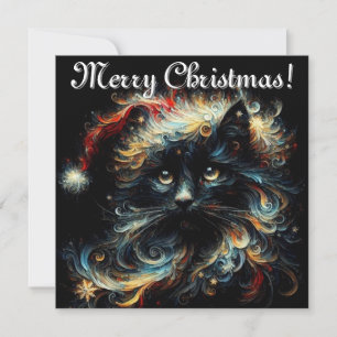 Whimsical Black Cat Santa Christmas Hat Seasonal Holiday Card