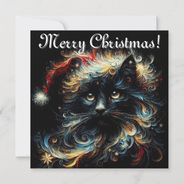 Whimsical Black Cat Santa Christmas Hat Seasonal  Holiday Card (Front)