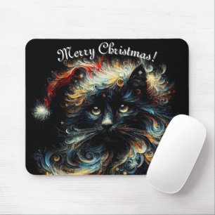 Whimsical Black Cat Santa Christmas Hat Seasonal  Mouse Mat