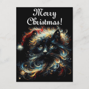Whimsical Black Cat Santa Christmas Hat Seasonal  Postcard