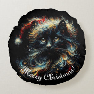 Whimsical Black Cat Santa Christmas Hat Seasonal Round Cushion