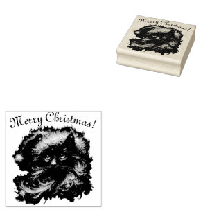 Whimsical Black Cat Santa Christmas Hat Seasonal Rubber Stamp