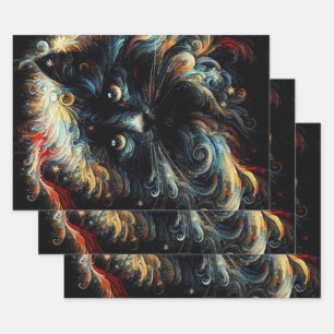 Whimsical Black Cat Santa Christmas Hat Seasonal  Wrapping Paper Sheet