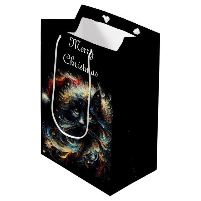 Whimsical Black Cat Santa Christmas Personalised Medium Gift Bag (Front Angled)
