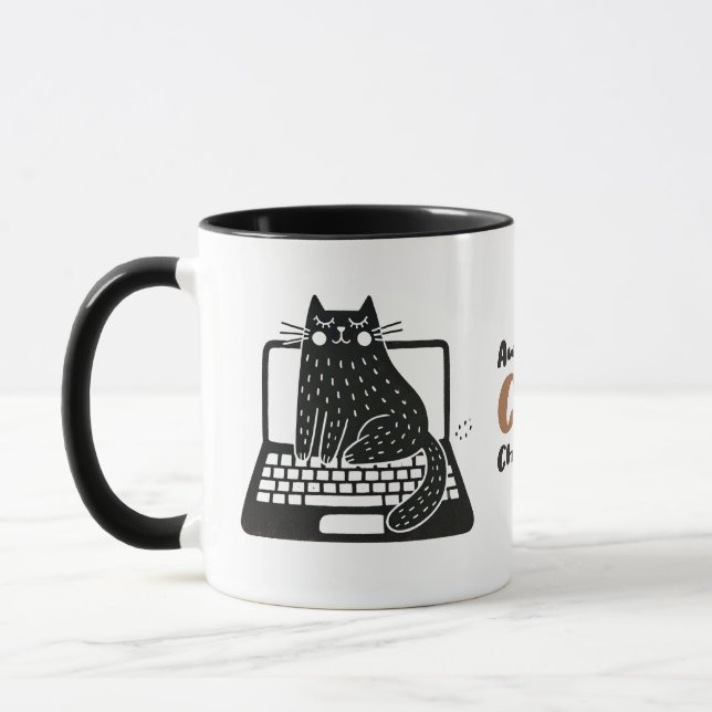 Whimsical Black Cat Sitting on Laptop Mug (Left)