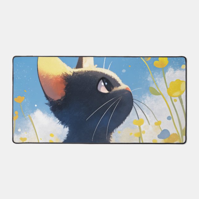 Whimsical Black Cat Sunny Yellow Buttercup Sky Desk Mat (Front)