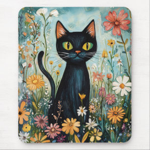 Whimsical Black Cat with Wildflowers Illustration Mouse Mat