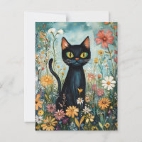 Whimsical Black Cat with Wildflowers Illustration
