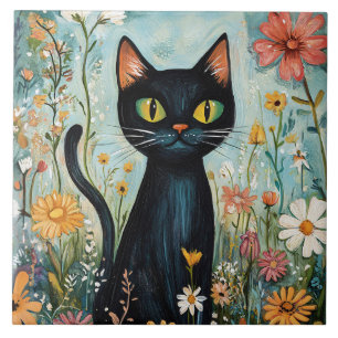 Whimsical Black Cat with Wildflowers Illustration Tile