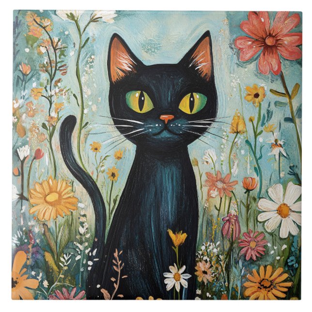 Whimsical Black Cat with Wildflowers Illustration Tile (Front)