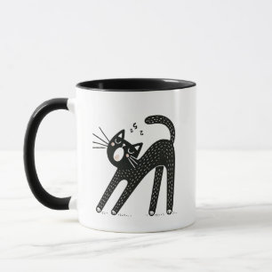 Whimsical Black Cat Yawning and Stretching Mug