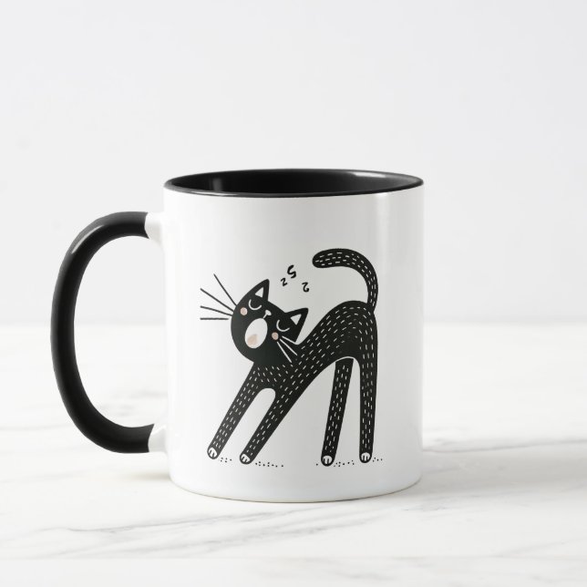 Whimsical Black Cat Yawning and Stretching Mug (Left)