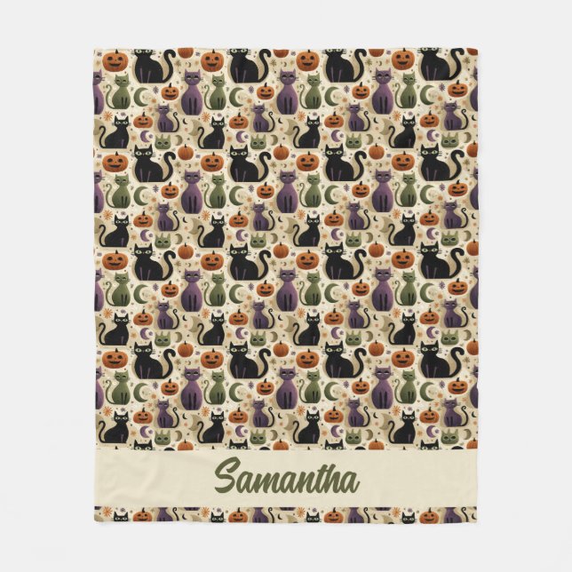 Whimsical Black Cats and Halloween Pumpkins Fleece Blanket (Front)