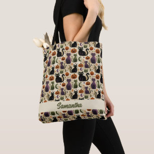 Whimsical Black Cats and Halloween Pumpkins Tote Bag