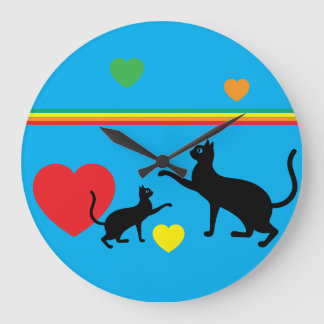 Whimsical Black Cats and Rainbow Round Clock