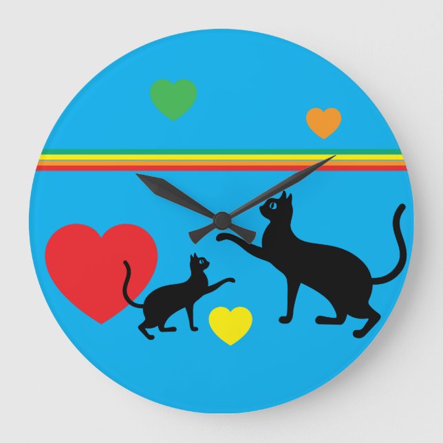 Whimsical Black Cats and Rainbow Round Clock (Front)