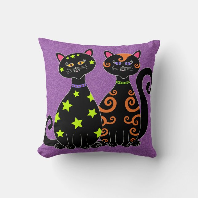 Whimsical Black Cats Halloween Cushion (Front)