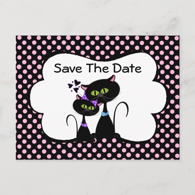 Whimsical Black Cats Wedding Save The Date Announcement Postcard (Front)