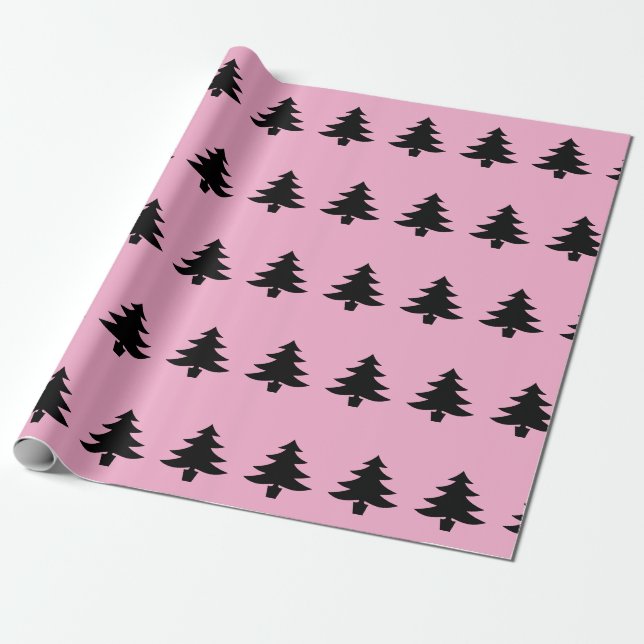 Whimsical Black Christmas Trees on Light Pink Wrapping Paper (Unrolled)