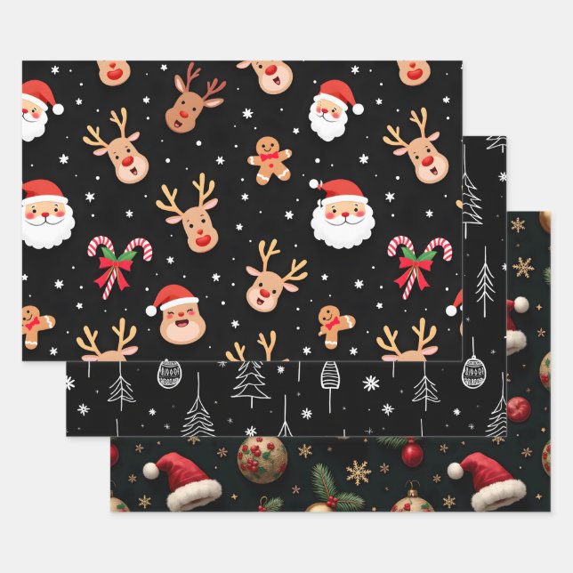 Whimsical Black Christmas Wrapping Paper Sheet (Set)