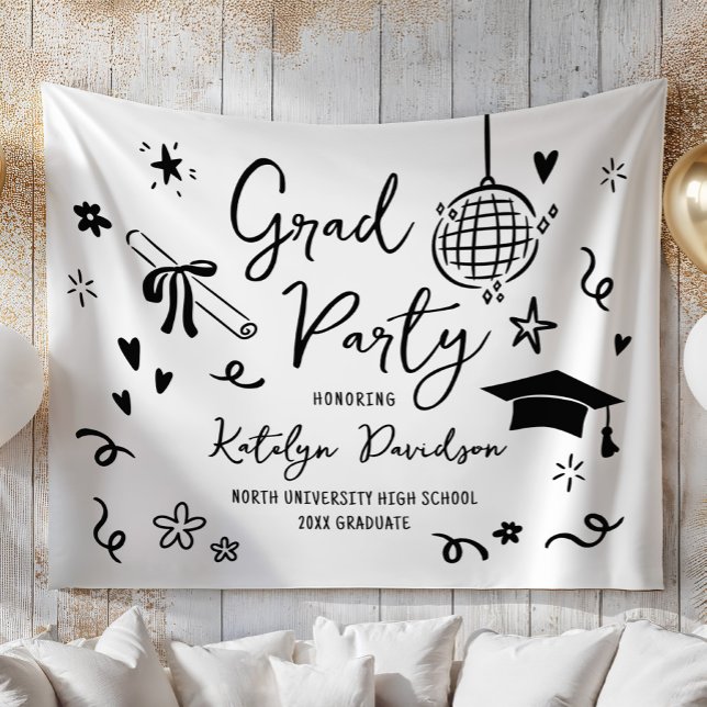 Whimsical Black Doodle Custom Grad Party Backdrop Tapestry (Creator Uploaded)