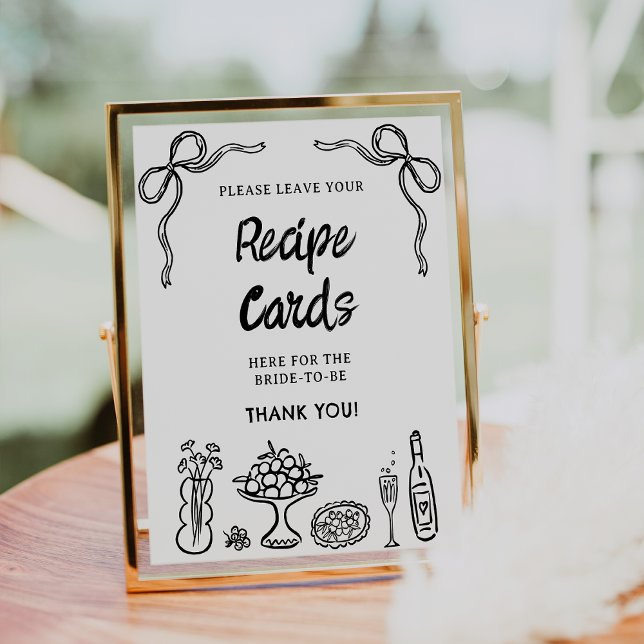 Whimsical Black Drawn Bridal Shower Recipe Sign (Black Hand Drawn Whimsical Bridal Shower Sign, Bows Food Recipe Card Sign Bridal Shower Whimsical )