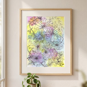 Whimsical Black Floral Line Art Pastel Watercolor Poster