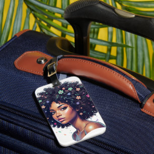 Whimsical Black Girl W/ Flower Adorned Afro Luggage Tag
