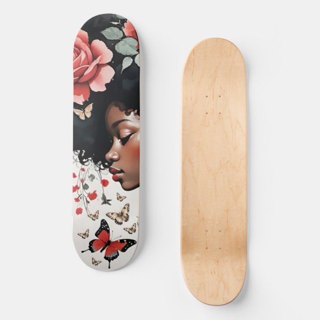 Whimsical Black Girl with Roses and Butterflies Skateboard (Front)