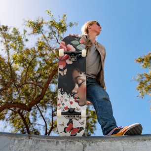 Whimsical Black Girl with Roses and Butterflies Skateboard