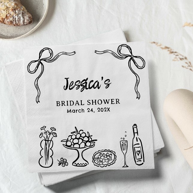 Whimsical Black Hand Drawn Bridal Shower Paper Napkin (Hand Drawn Whimsical Bridal Shower Paper Napkin, Bows Bridal Shower Napkin Black Food Drinks )