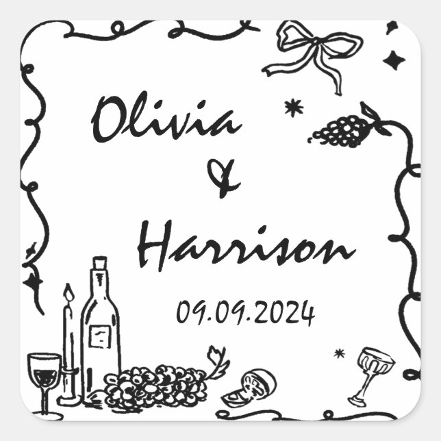 Whimsical Black Hand Drawn Wedding Square Sticker (Front)