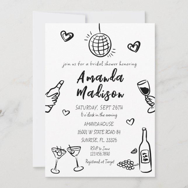 Whimsical Black Hand Drawn Wine Bridal Shower  Invitation (Front)
