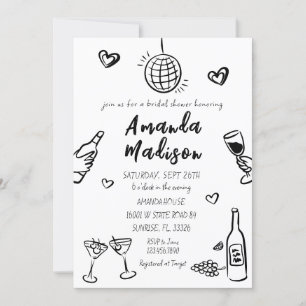 Whimsical Black Hand Drawn Wine Bridal Shower  Invitation