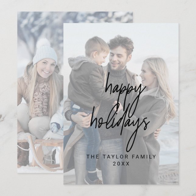 Whimsical Black Happy Holidays 2 Vertical Photos Holiday Card (Front/Back)