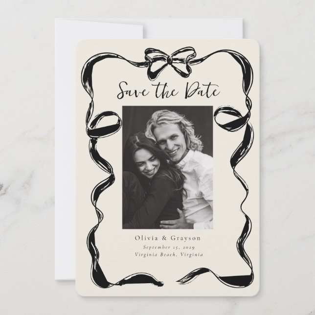 Whimsical Black Ivory  Photo  Bow Save the Date (Front)