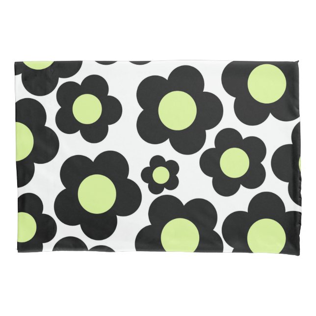 Whimsical Black & Lime Green Floral Retro Cheerfu Pillowcase (Front)
