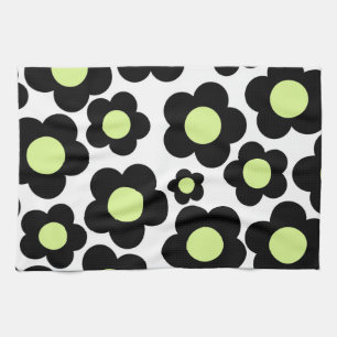 Whimsical Black & Lime Green Floral Retro Cheerfu Tea Towel