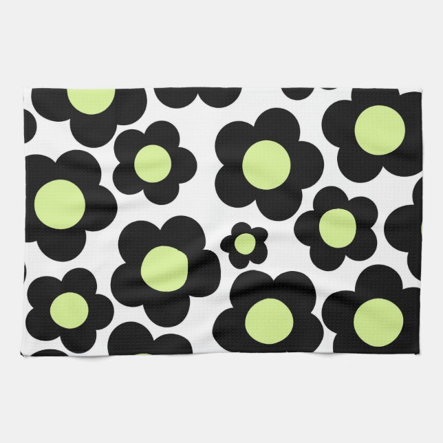 Whimsical Black & Lime Green Floral Retro Cheerfu Tea Towel (Horizontal)