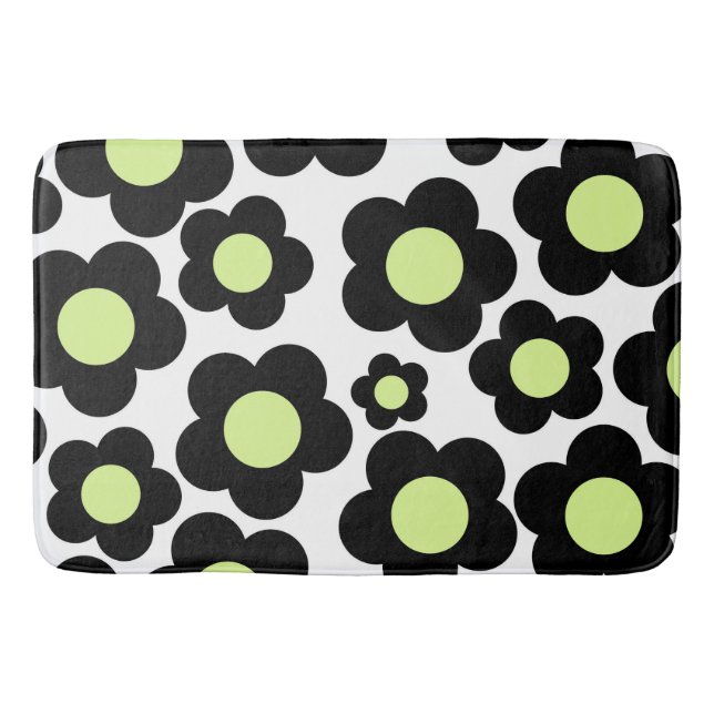 Whimsical Black & Lime Green Floral Retro Cheerful Bath Mat (Front)