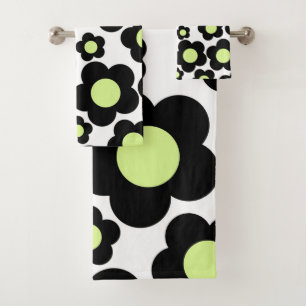 Whimsical Black & Lime Green Floral Retro Cheerful Bath Towel Set