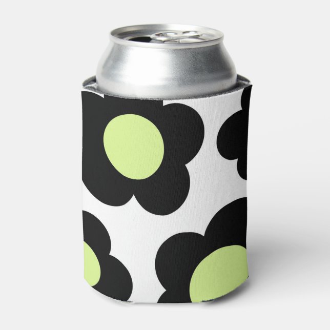 Whimsical Black & Lime Green Floral Retro Cheerful Can Cooler (Can Front)