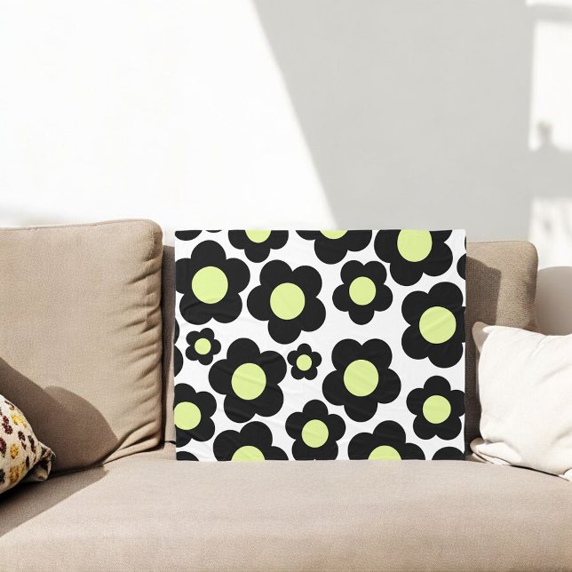 Whimsical Black & Lime Green Flower Retro Bold Fleece Blanket (Creator Uploaded)