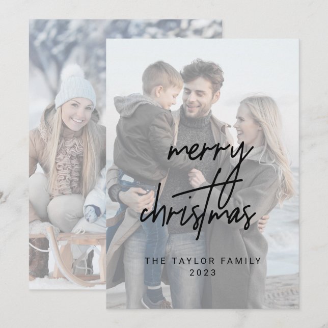 Whimsical Black Merry Christmas 2 Vertical Photos Holiday Card (Front/Back)