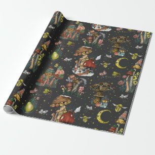 Whimsical Black Mushroom Merry Christmas Goth  Wra Wrapping Paper