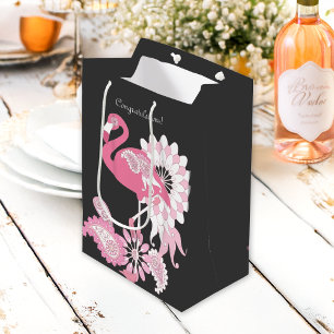 Whimsical Black Paisley Pink Flamingo Medium Gift Bag