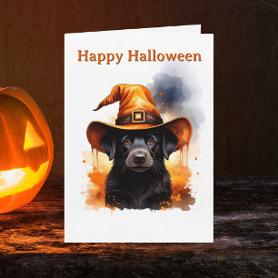Whimsical Black Puppy Orange Witch Hat Halloween Card