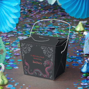 Whimsical Black Red Dragon Damask Sweet 16 Bash Favour Box