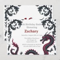 Whimsical Black Red Dragon Damask Sweet 16 Bash